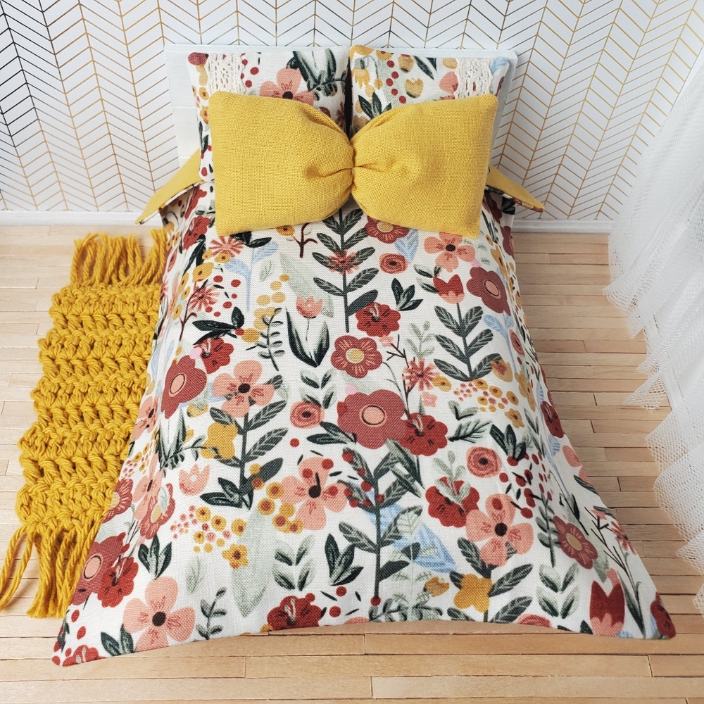Miniature Dollhouse Floral Mustard Yellow Bedding Set 1:12 Scale Maileg